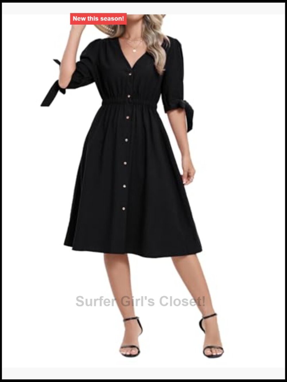 Women's Puff Sleeve V-Neck Button Tie Midi Dress Rayon Blend A-Line - Picture 3 of 7